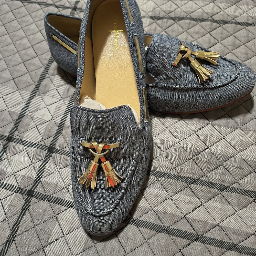 Cole Haan Denim Blue Slip-On Loafers with gold Tassels